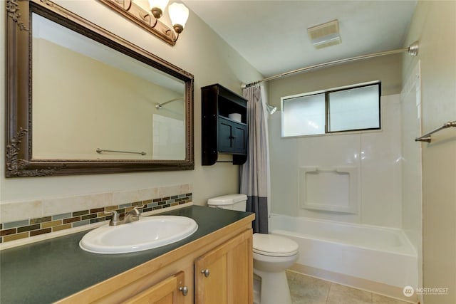 full bathroom with backsplash, tile patterned floors, toilet, shower / bath combo with shower curtain, and vanity