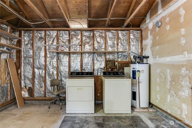 clothes washing area featuring washer and dryer and water heater