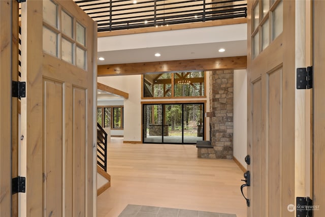 foyer featuring a high ceiling and light wood-type flooring