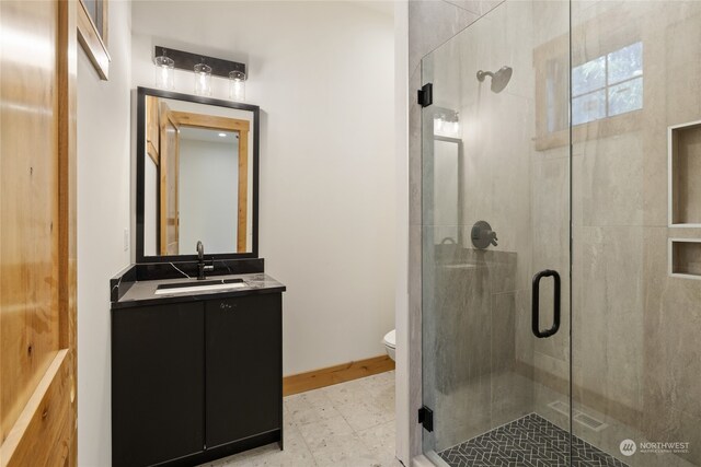 bathroom with vanity, toilet, and a shower with shower door