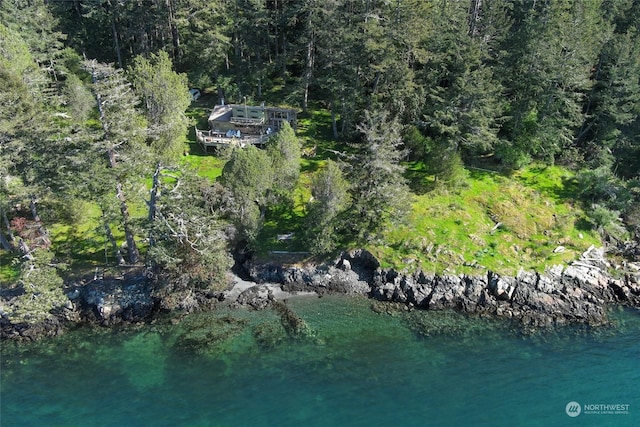 bird's eye view with a water view and a view of trees