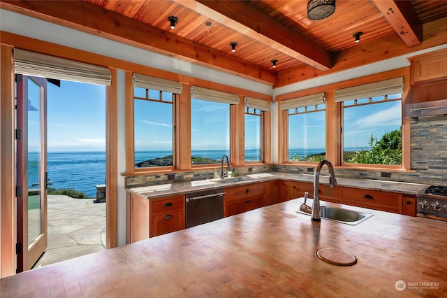 kitchen featuring stainless steel appliances, sink, a water view, and decorative backsplash