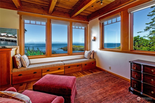 sunroom / solarium featuring wooden ceiling, a water view, beamed ceiling, and plenty of natural light