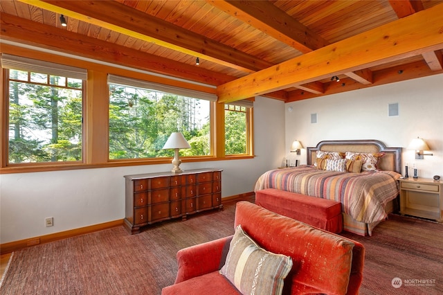 bedroom with wood ceiling and beam ceiling