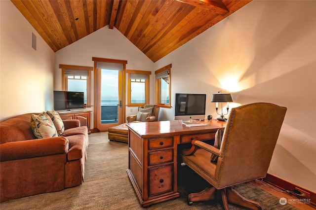 office space featuring wood ceiling, light colored carpet, beamed ceiling, and high vaulted ceiling