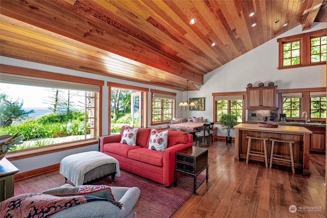 living room featuring wooden ceiling, dark wood-type flooring, and a wealth of natural light