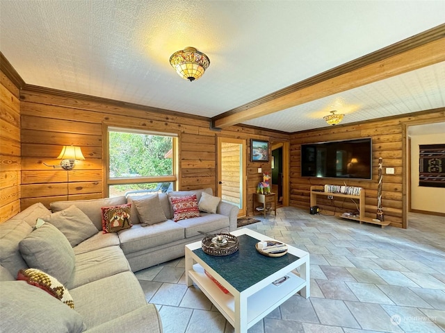 living room with beam ceiling, log walls, a textured ceiling, and wood walls