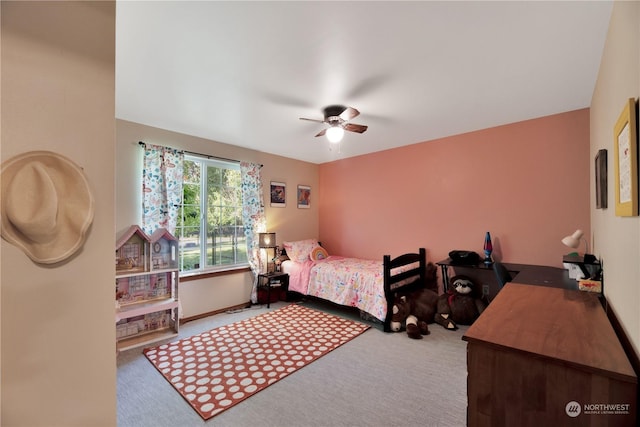 bedroom featuring carpet flooring and ceiling fan