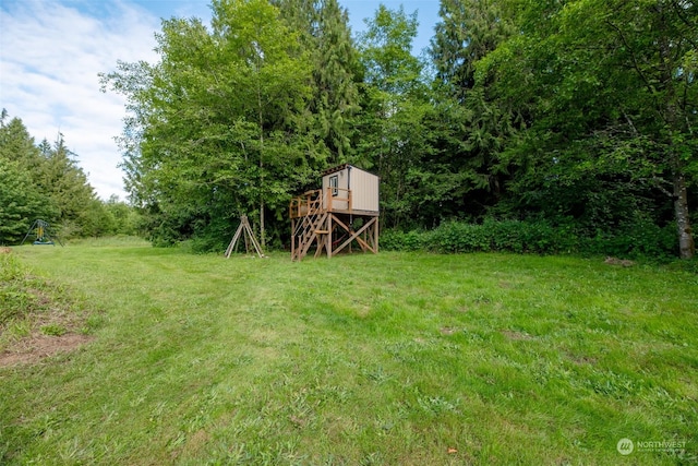 view of yard with a storage shed