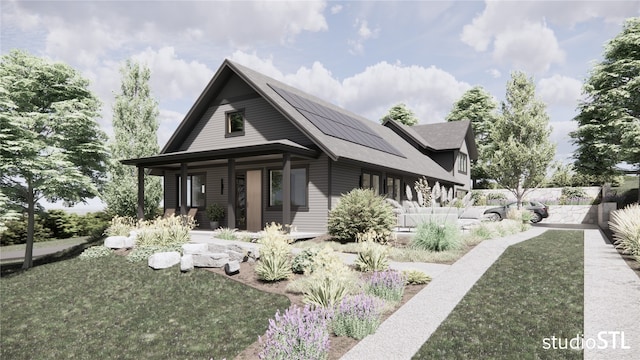 back of house with covered porch and solar panels