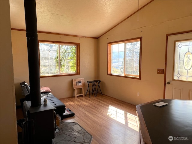 office space featuring a textured ceiling, a healthy amount of sunlight, hardwood / wood-style floors, and lofted ceiling