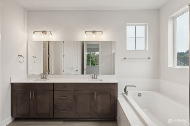 bathroom featuring vanity and tiled tub