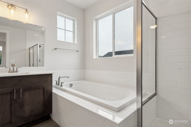 bathroom with vanity and independent shower and bath