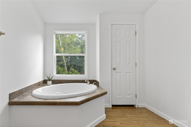 bathroom with a tub to relax in and hardwood / wood-style floors