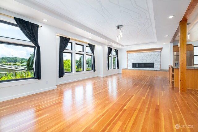 unfurnished living room with light hardwood / wood-style flooring and a fireplace