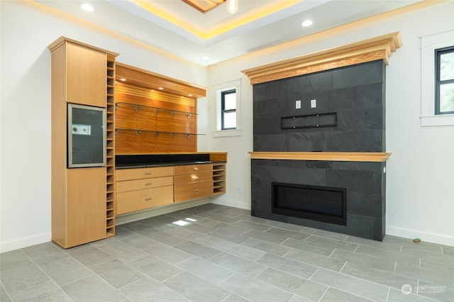 840 Shoshone Dr, La Conner, WA 98257 - kitchen featuring baseboards, recessed lighting, and a tiled fireplace