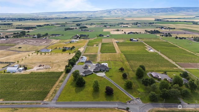 birds eye view of property featuring a mountain view and a rural view