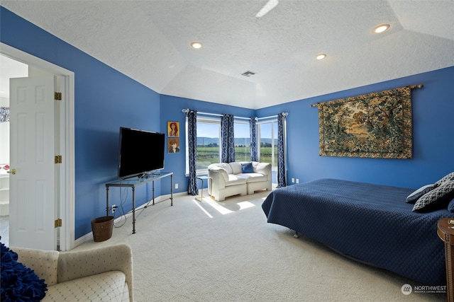 bedroom with a textured ceiling, lofted ceiling, and carpet