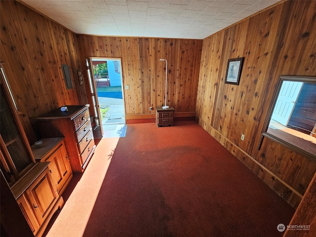 interior space with carpet floors and wood walls