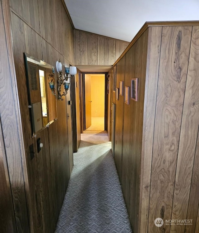 hallway featuring wood walls and dark carpet