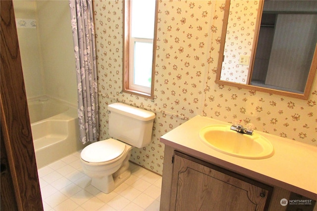 full bathroom featuring tile patterned flooring, vanity, toilet, and shower / tub combo with curtain