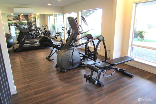 workout area featuring dark hardwood / wood-style flooring and a wall mounted AC