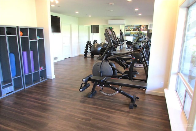 exercise room with an AC wall unit, dark hardwood / wood-style flooring, and plenty of natural light