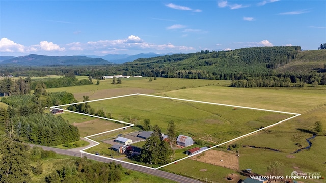 drone / aerial view featuring a mountain view and a rural view