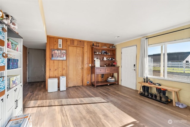 living room with ornamental molding, hardwood / wood-style flooring, and wooden walls