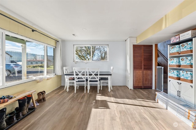 dining room featuring hardwood / wood-style flooring and wooden walls