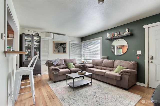 living room with hardwood / wood-style flooring and a textured ceiling