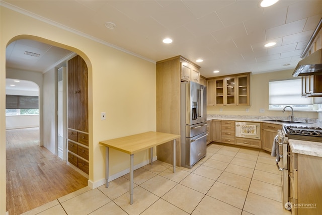 kitchen with plenty of natural light, premium appliances, crown molding, and light hardwood / wood-style flooring