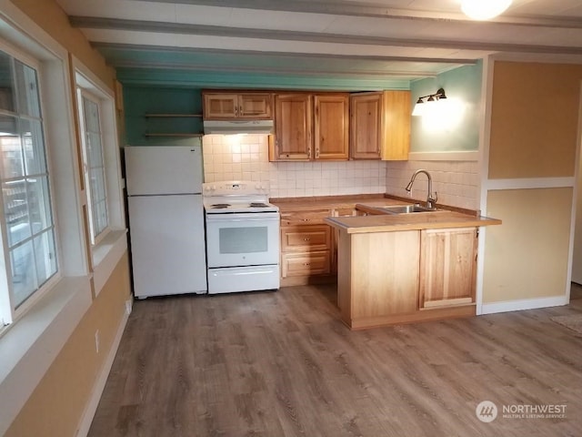 kitchen featuring sink, kitchen peninsula, white appliances, beam ceiling, and backsplash