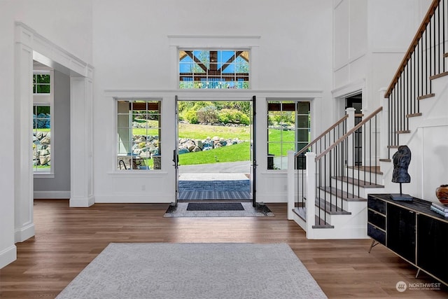 foyer featuring hardwood / wood-style flooring and a high ceiling