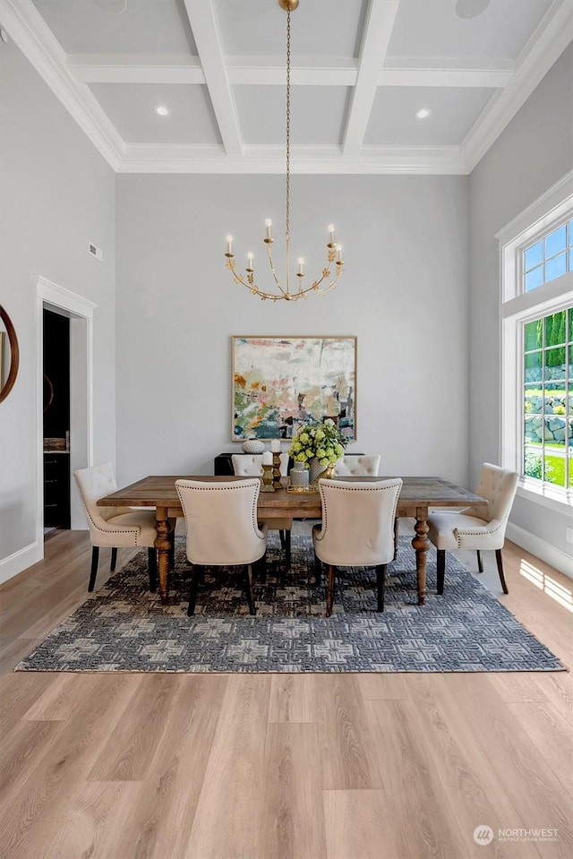 dining area featuring beam ceiling, a chandelier, and coffered ceiling