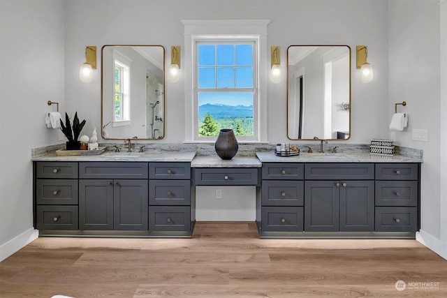 bathroom with hardwood / wood-style floors, vanity, and ornamental molding