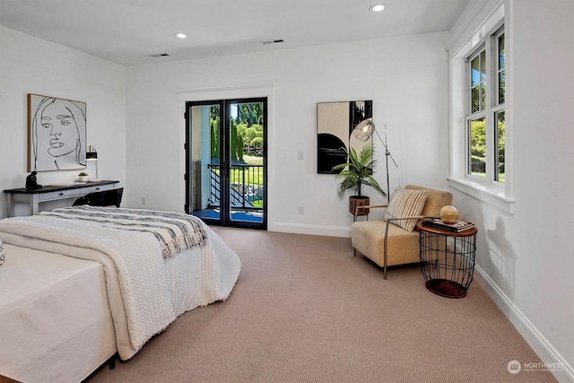 bedroom with access to outside and carpet floors