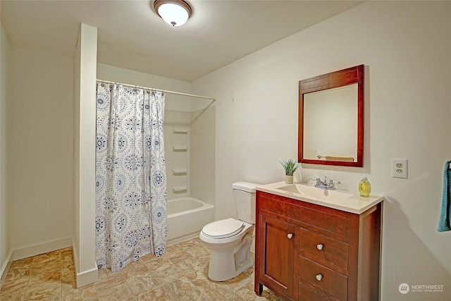 full bathroom featuring vanity, shower / bath combination with curtain, and toilet