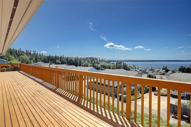 deck featuring a water view