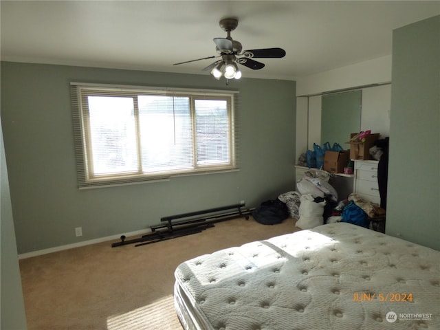 bedroom with multiple windows, carpet flooring, ceiling fan, and a closet