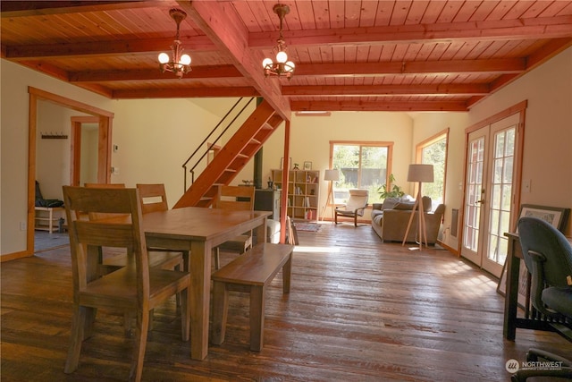 dining area with wooden ceiling, french doors, dark wood-type flooring, and a notable chandelier