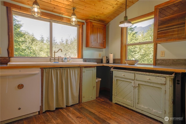 kitchen with wood ceiling, vaulted ceiling, pendant lighting, dishwasher, and dark hardwood / wood-style floors