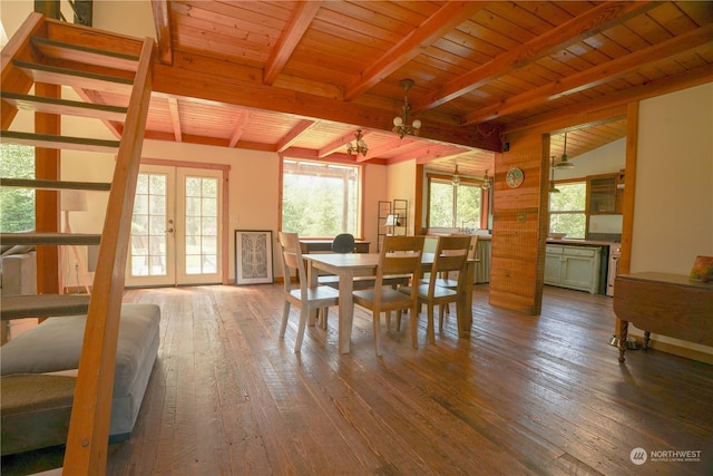 dining room featuring french doors, wood ceiling, and beam ceiling