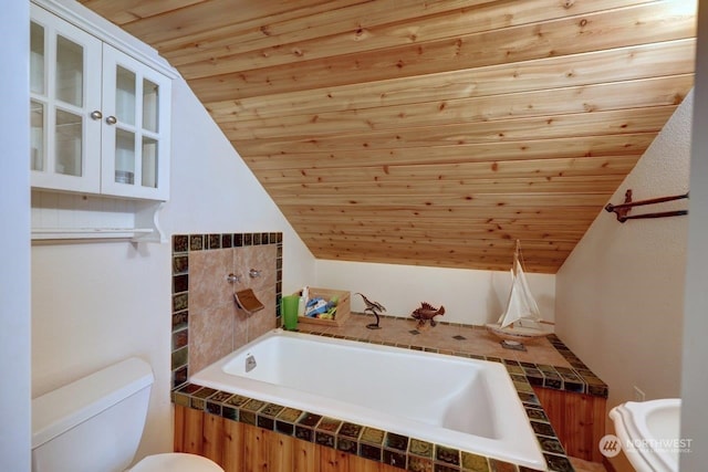 bathroom with a relaxing tiled tub, wood ceiling, and lofted ceiling