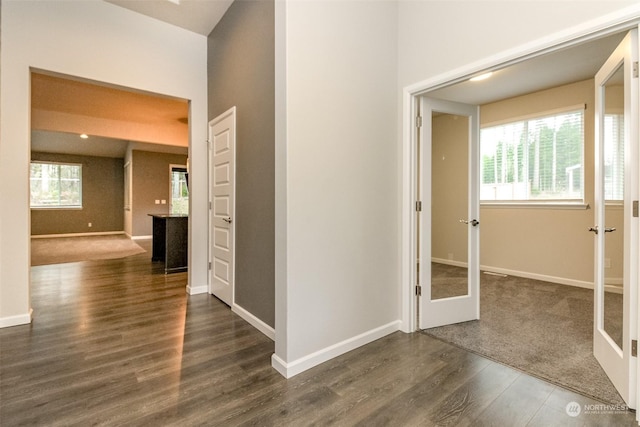 hall featuring dark wood-type flooring, a healthy amount of sunlight, and french doors