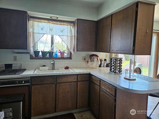 kitchen featuring kitchen peninsula, black electric stovetop, dark brown cabinets, dishwasher, and sink