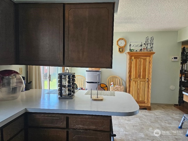 kitchen featuring kitchen peninsula, dark brown cabinets, and a textured ceiling