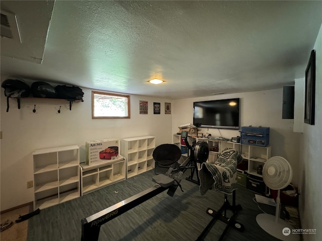 workout room with hardwood / wood-style flooring and a textured ceiling