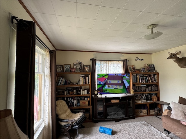 carpeted living room featuring crown molding and a wealth of natural light