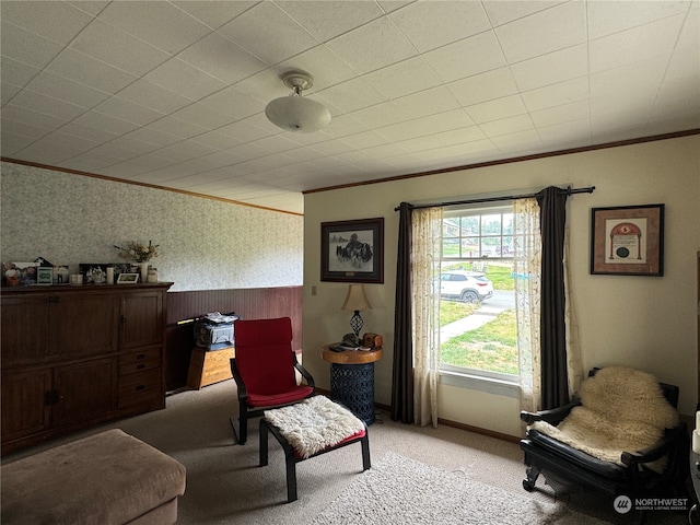 sitting room with light colored carpet and ornamental molding